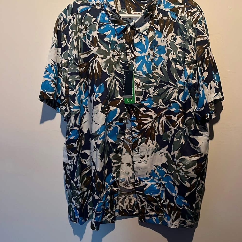 Perry Ellis Button Down Shirt Floral Blue Sz L